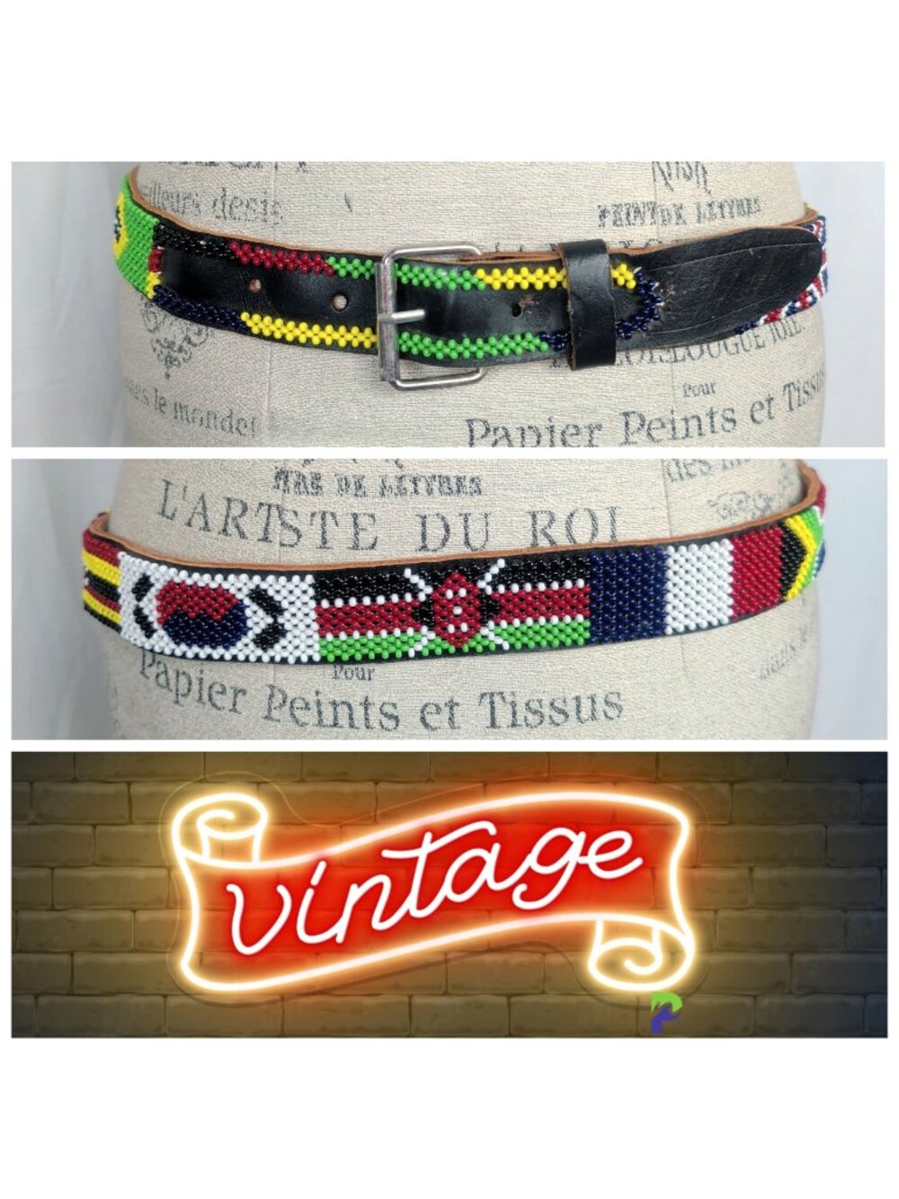 Vintage Flag Belt Small Leather Black Beaded Universal 90s